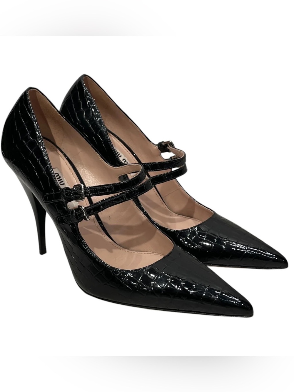 Miu Miu Black Croc-Embossed Patent Mary Jane Pumps